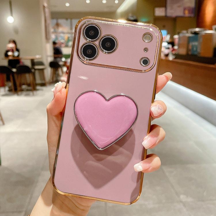 For iPhone 17 Pro Electroplating Love Heart Holder TPU Phone Case(Purple)