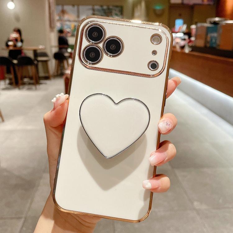 For iPhone 17 Pro Electroplating Love Heart Holder TPU Phone Case(White)