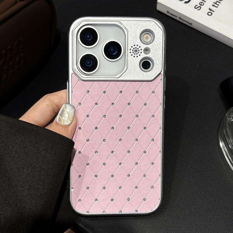 For iPhone 17 Pro Electroplating PC Grid Texture Vegan Leather Phone Case(Pink)