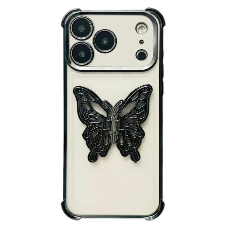 For iPhone 17 Pro Electrpolated 3D Butterfly Holder TPU Phone Case(Black)