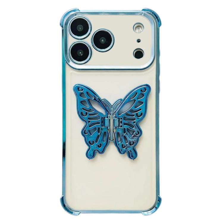 For iPhone 17 Pro Electrpolated 3D Butterfly Holder TPU Phone Case(Blue)