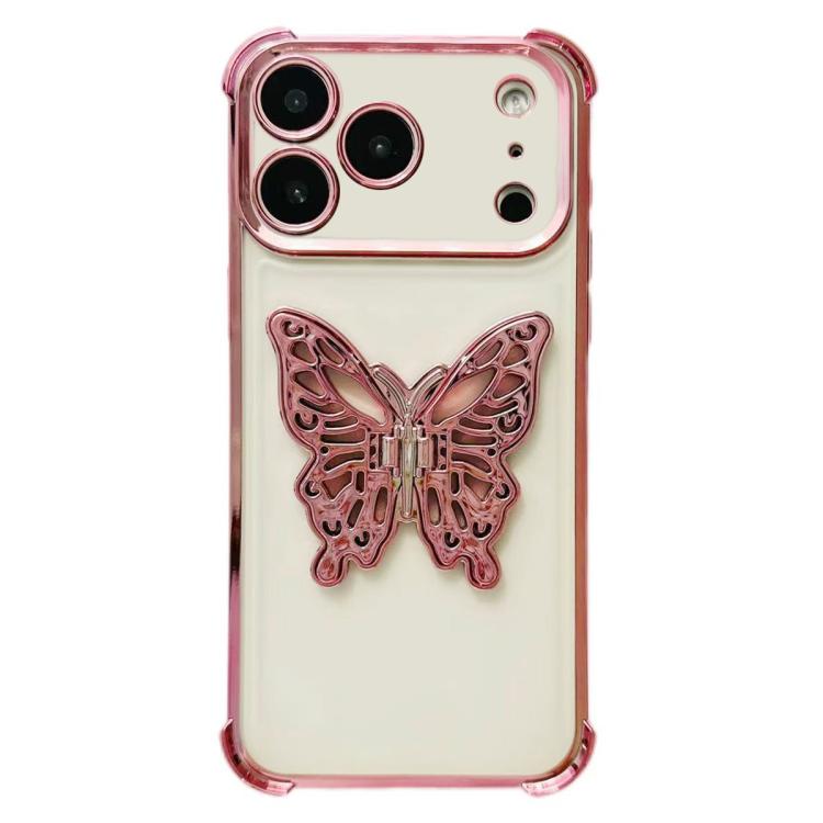 For iPhone 17 Pro Electrpolated 3D Butterfly Holder TPU Phone Case(Pink)