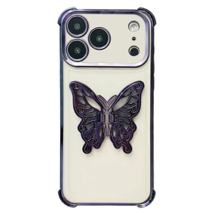 For iPhone 17 Pro Electrpolated 3D Butterfly Holder TPU Phone Case(Purple)