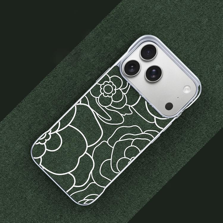 For iPhone 17 Pro Embossed Camellia Flower Linen Fabric Magnetic Half Coverage Phone Case(Dark Green)