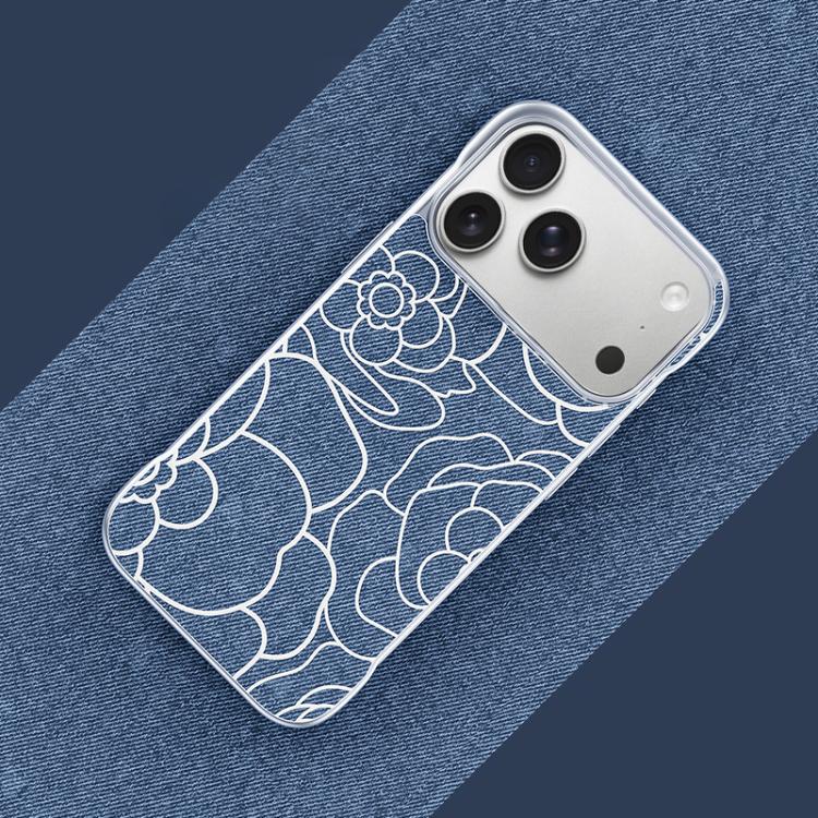 For iPhone 17 Pro Embossed Camellia Flower Linen Fabric Magnetic Half Coverage Phone Case(Light Blue)