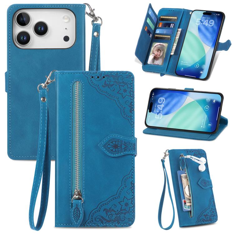 For iPhone 17 Pro Embossed Flower Zipper Leather Phone Case(Blue)