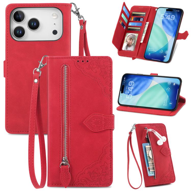 For iPhone 17 Pro Embossed Flower Zipper Leather Phone Case(Red)