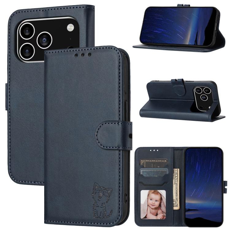 For iPhone 17 Pro Embossed Happy Cat Pattern Flip Leather Phone Case(Blue)