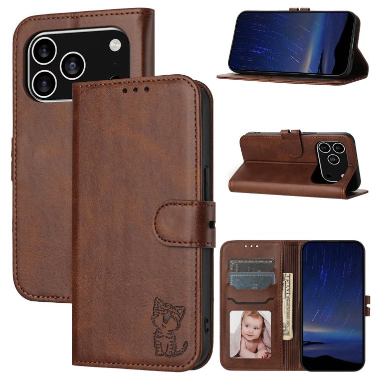 For iPhone 17 Pro Embossed Happy Cat Pattern Flip Leather Phone Case(Brown)