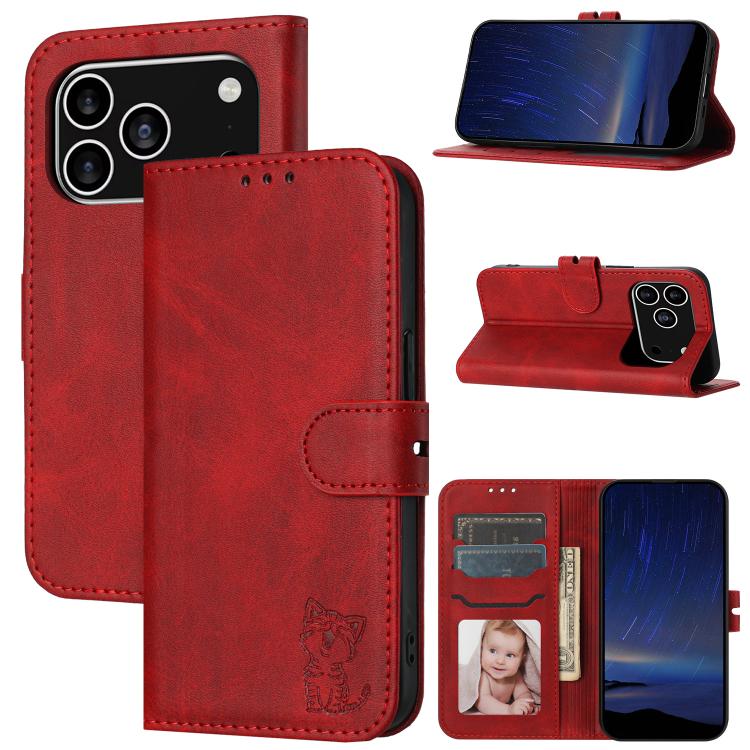 For iPhone 17 Pro Embossed Happy Cat Pattern Flip Leather Phone Case(Red)