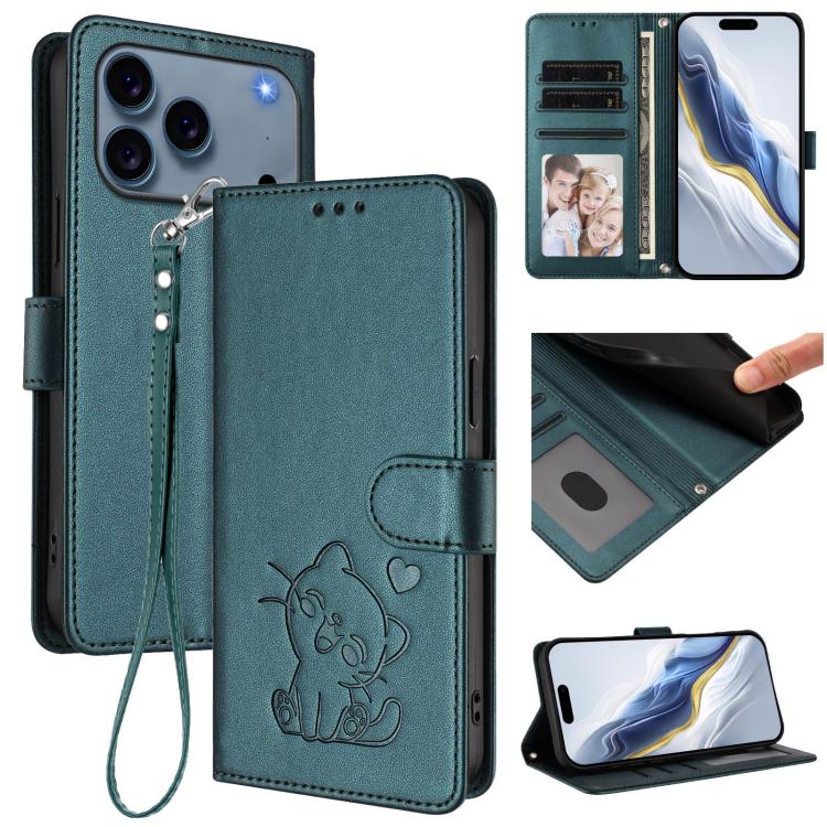 For iPhone 17 Pro Embossed Heart Cat Leather Phone Case with Hand Strap(Dark Green)
