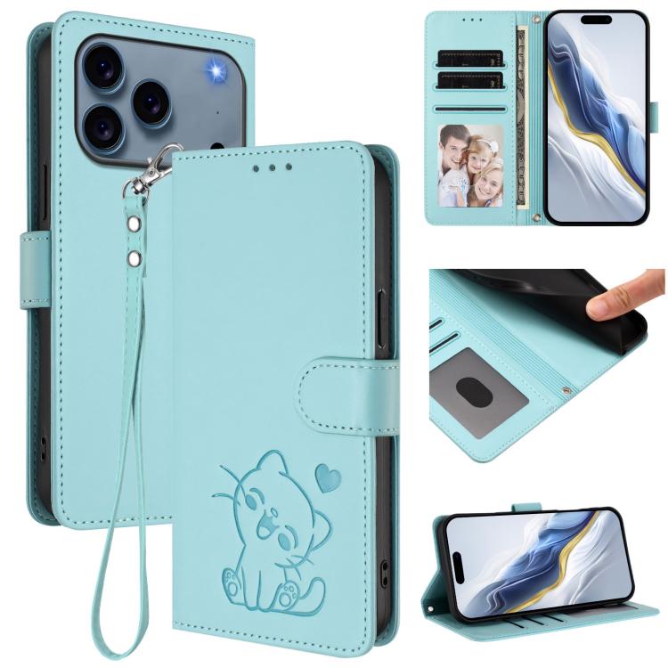 For iPhone 17 Pro Embossed Heart Cat Leather Phone Case with Hand Strap(Mint Green)