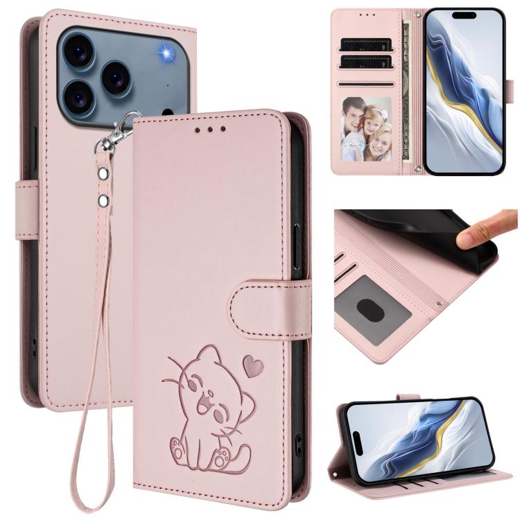For iPhone 17 Pro Embossed Heart Cat Leather Phone Case with Hand Strap(Pink)