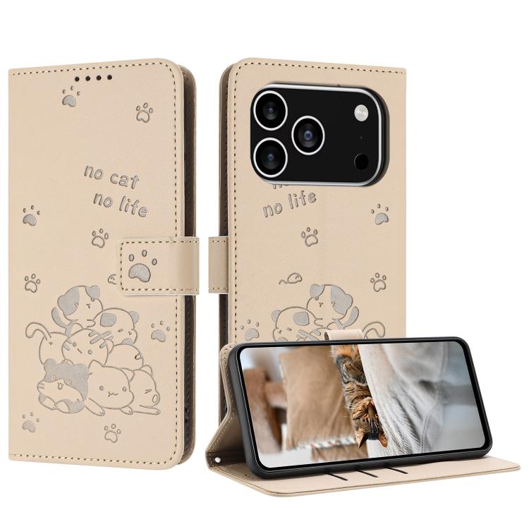 For iPhone 17 Pro Embossed Kitten Phone Leather Case with Lanyard(Beige)