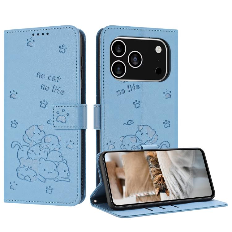 For iPhone 17 Pro Embossed Kitten Phone Leather Case with Lanyard(Blue)