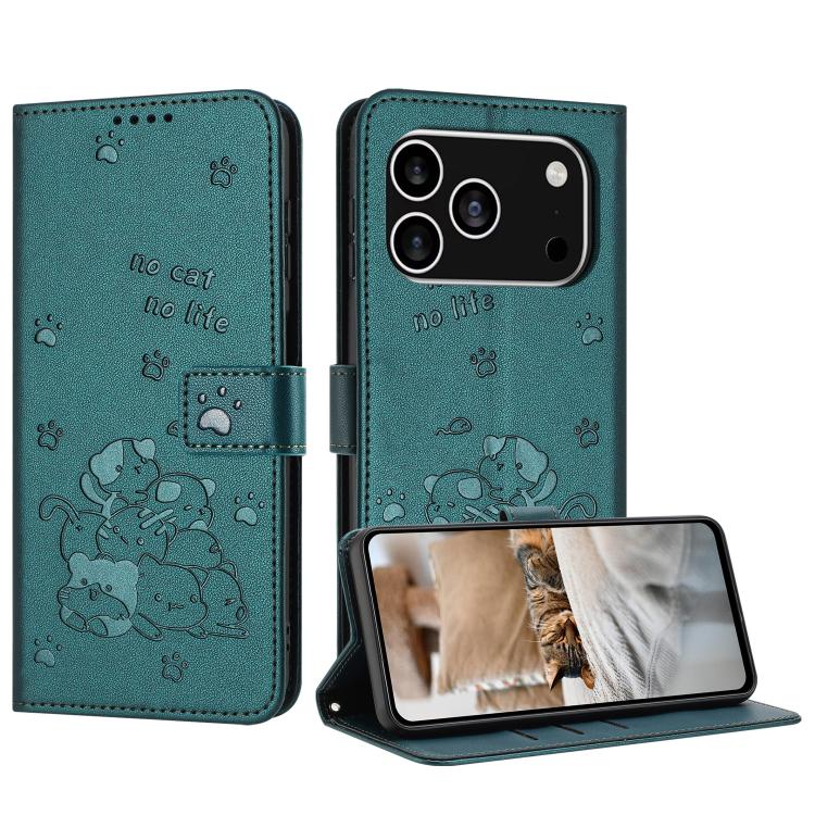 For iPhone 17 Pro Embossed Kitten Phone Leather Case with Lanyard(Dark Green)