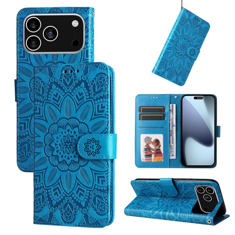 For iPhone 17 Pro Embossed Sunflower Leather Phone Case(Blue)