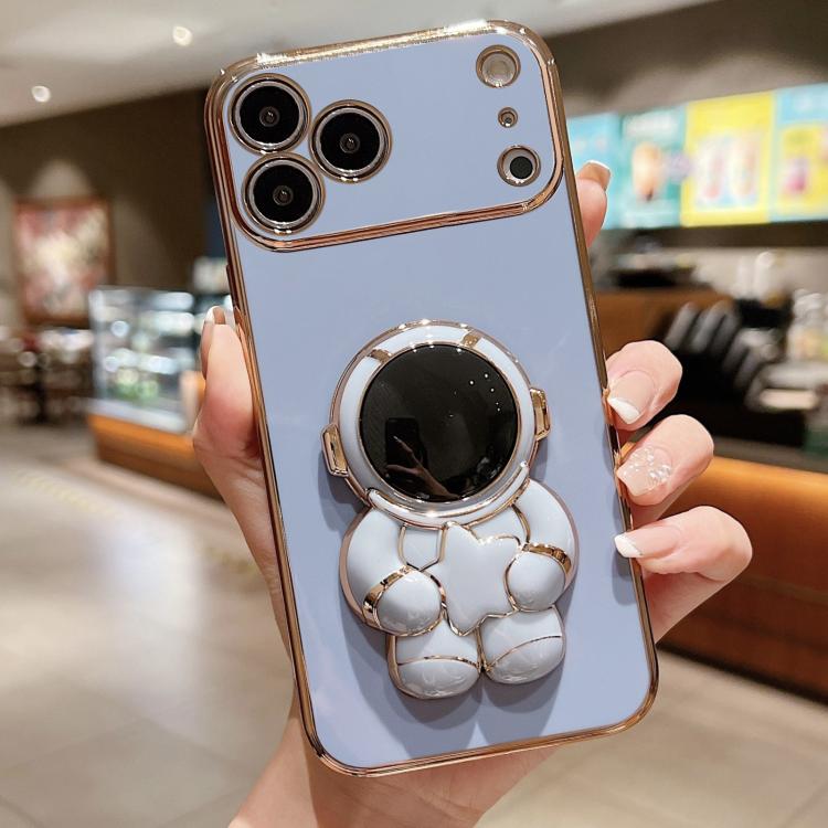For iPhone 17 Pro Embrace Stars Electroplating Astronaut Holder Phone Case(Blue)