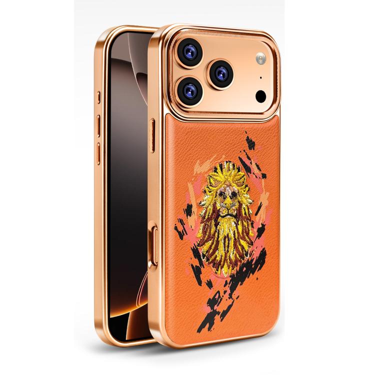 For iPhone 17 Pro Embroidered Graffiti Vegan Leather Shield Electroplated Magnetic Phone Case(Orange)