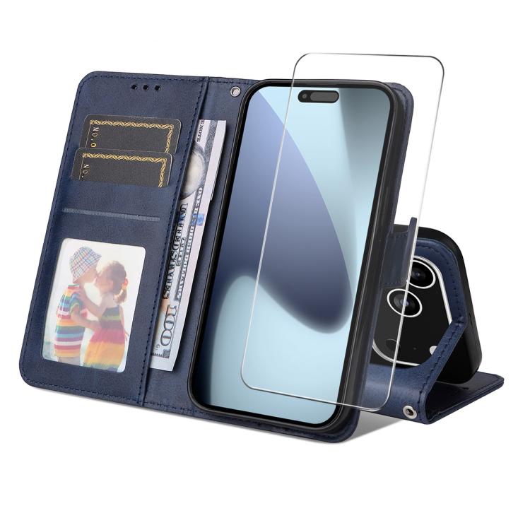 For iPhone 17 Pro ENKAY Card Wallet Calf Texture Leather Phone Case with Thickened Glue No White Edge Film(Blue)