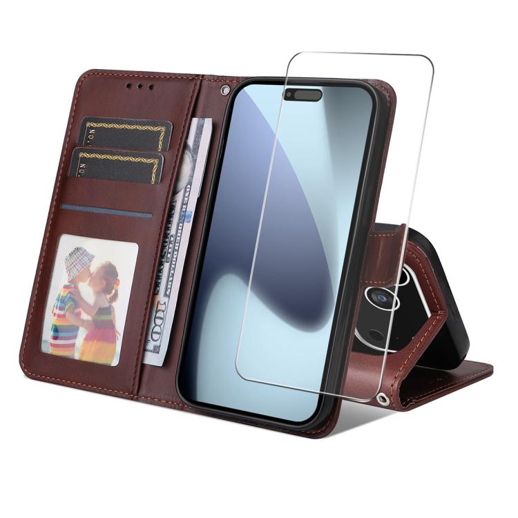 For iPhone 17 Pro ENKAY Card Wallet Calf Texture Leather Phone Case with Thickened Glue No White Edge Film(Brown)