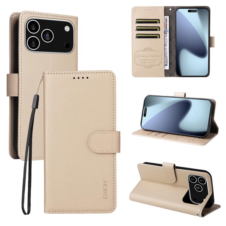 For iPhone 17 Pro ENKAY RFID Blocking Wallet Kickstand Litchi Texture Leather Phone Case(Beige)