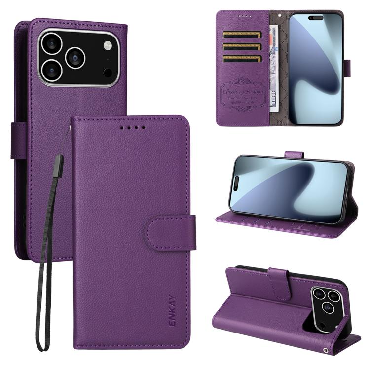 For iPhone 17 Pro ENKAY RFID Blocking Wallet Kickstand Litchi Texture Leather Phone Case(Purple)