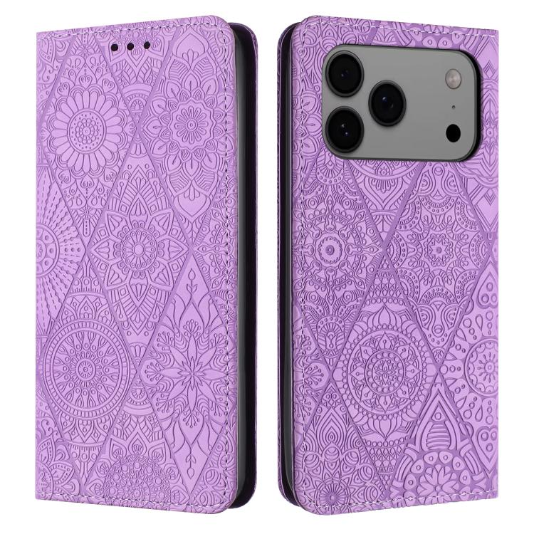For iPhone 17 Pro Ethnic Embossed Adsorption Leather Phone Case(Purple)