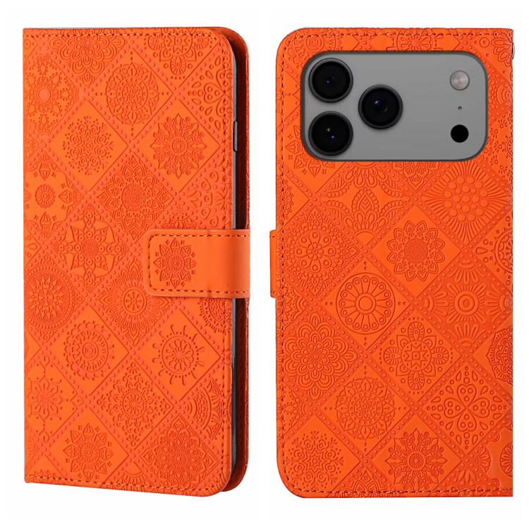 For iPhone 17 Pro Ethnic Style Embossed Pattern Leather Phone Case(Orange)
