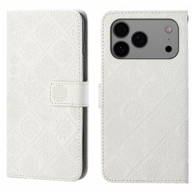 For iPhone 17 Pro Ethnic Style Embossed Pattern Leather Phone Case(White)