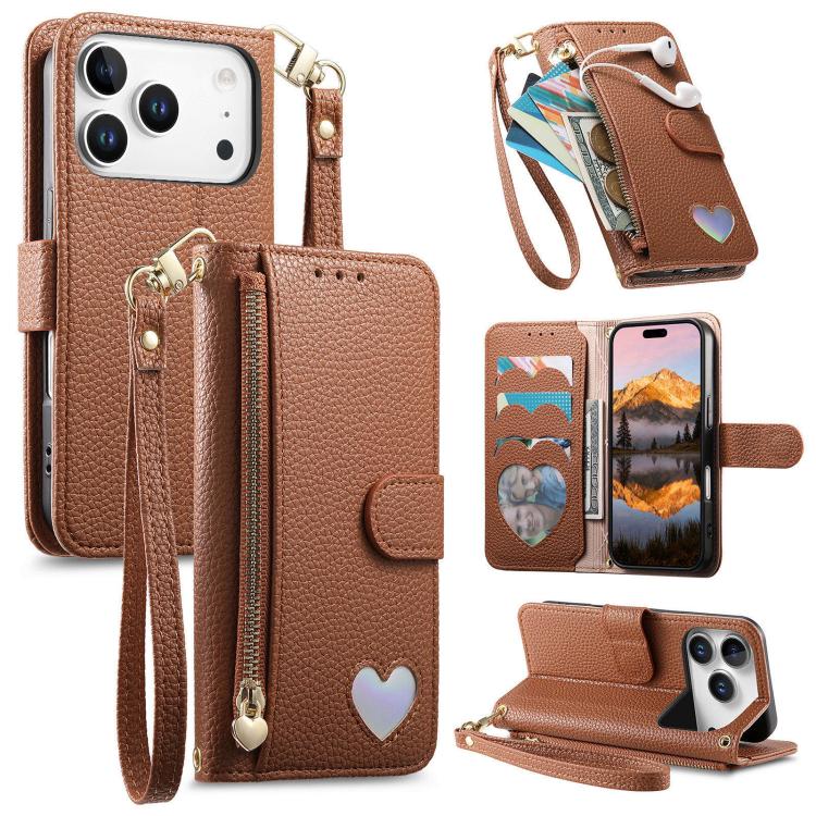 For iPhone 17 Pro Fantasy Love Heart Zipper Wallet Vegan Leather Phone Case with Strap(Brown)