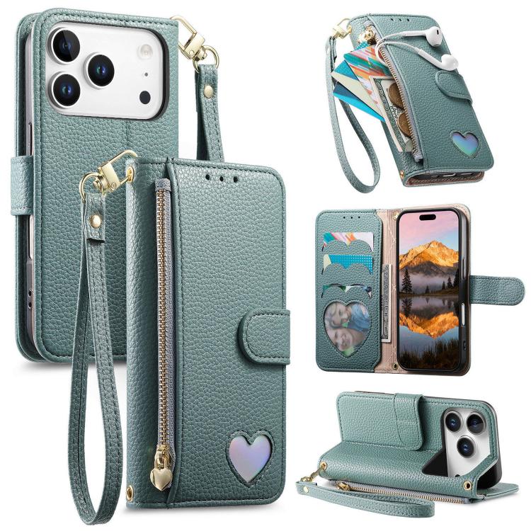 For iPhone 17 Pro Fantasy Love Heart Zipper Wallet Vegan Leather Phone Case with Strap(Green)