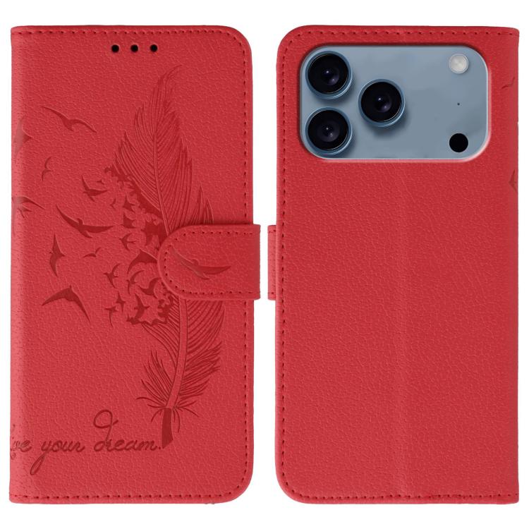 For iPhone 17 Pro Feather Pattern Litchi Texture Leather Phone Case(Red)
