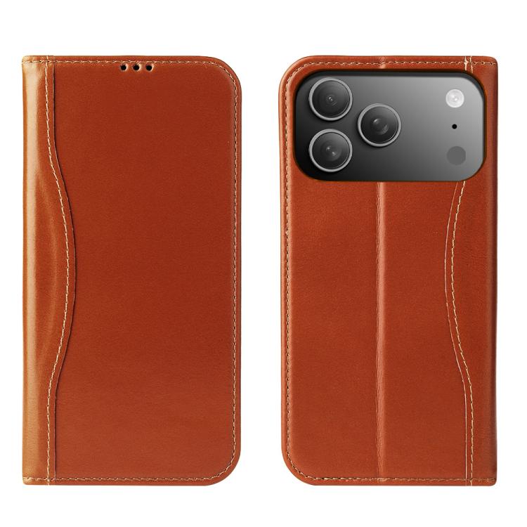 For iPhone 17 Pro Fierre Shann Cowhide Leather Flip Leather Phone Case(Brown)