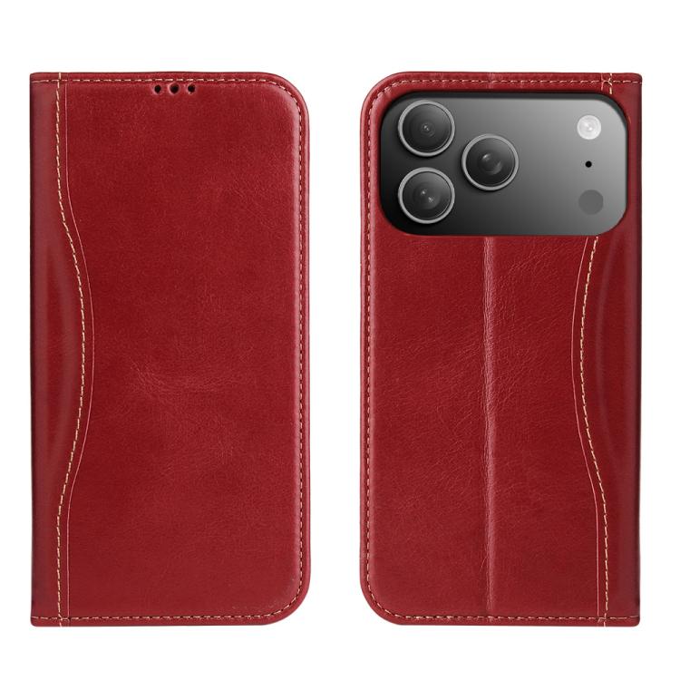 For iPhone 17 Pro Fierre Shann Cowhide Leather Flip Leather Phone Case(Red)