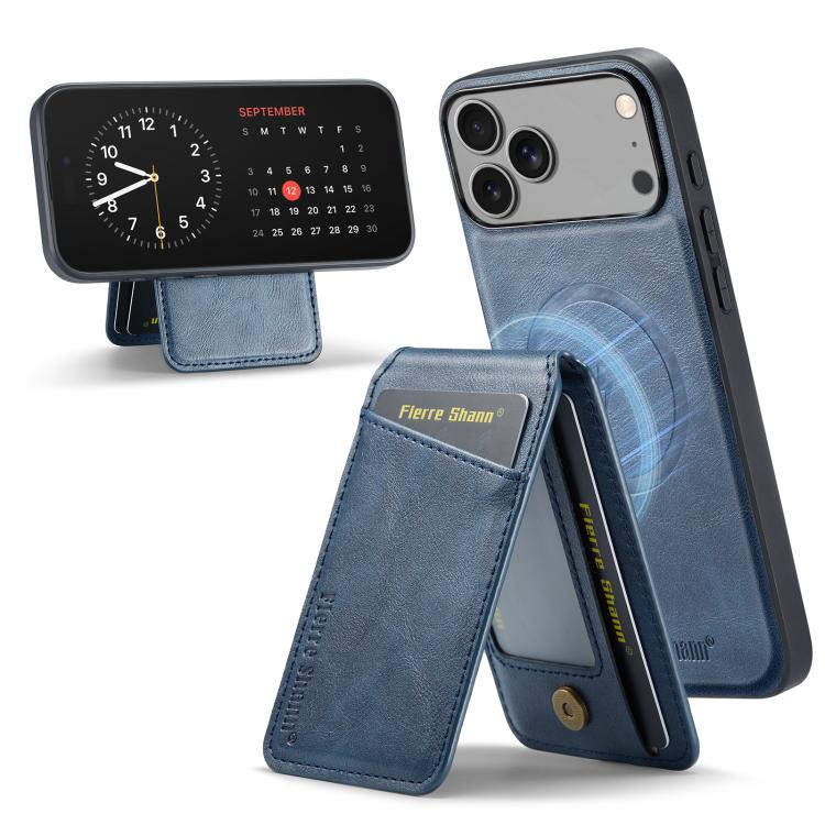For iPhone 17 Pro Fierre Shann Cowhide Vertical Flip Magnetic Card Holder Phone Case(Blue)