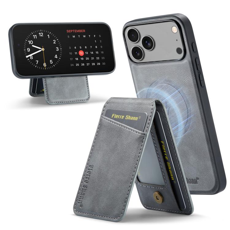 For iPhone 17 Pro Fierre Shann Cowhide Vertical Flip Magnetic Card Holder Phone Case(Grey)