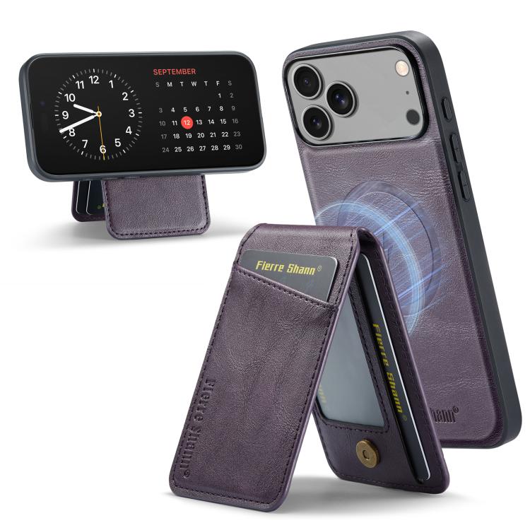 For iPhone 17 Pro Fierre Shann Cowhide Vertical Flip Magnetic Card Holder Phone Case(Purple)