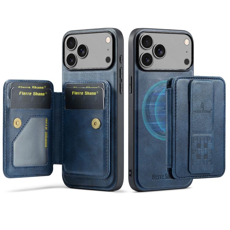 For iPhone 17 Pro Fierre Shann Oil Wax Cow Leather Card Holder Back Phone Case(Blue)