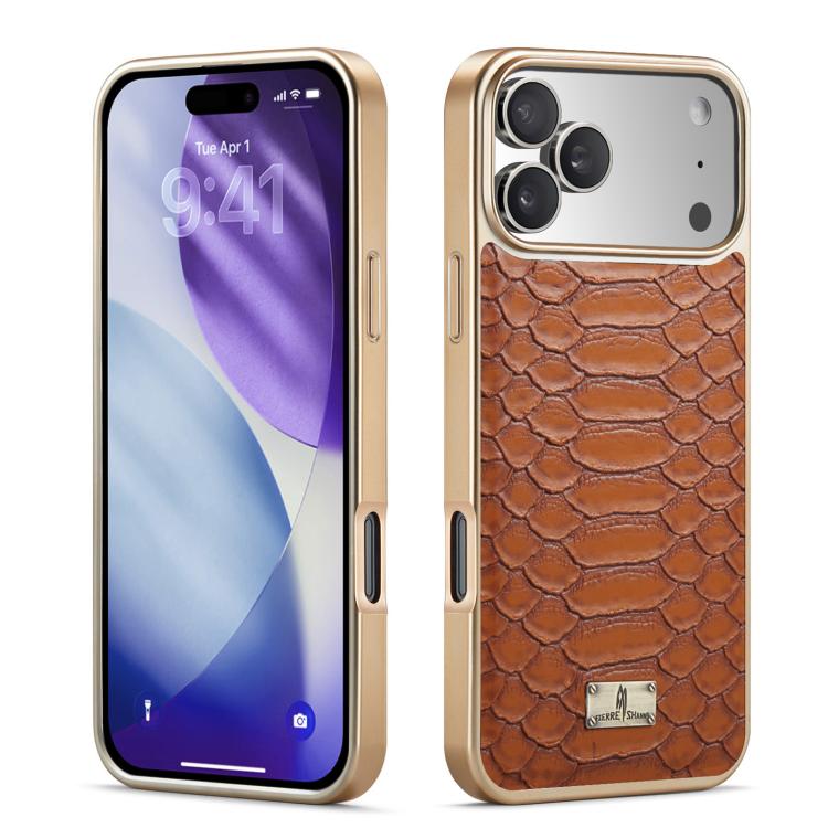 For iPhone 17 Pro Fierre Shann Python Texture Electroplating PU Phone Case(Brown)