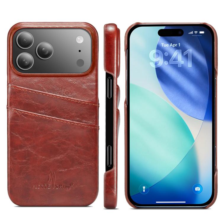 For iPhone 17 Pro Fierre Shann Retro Oil Wax Texture Card Slots PU Leather Phone Case(Brown)