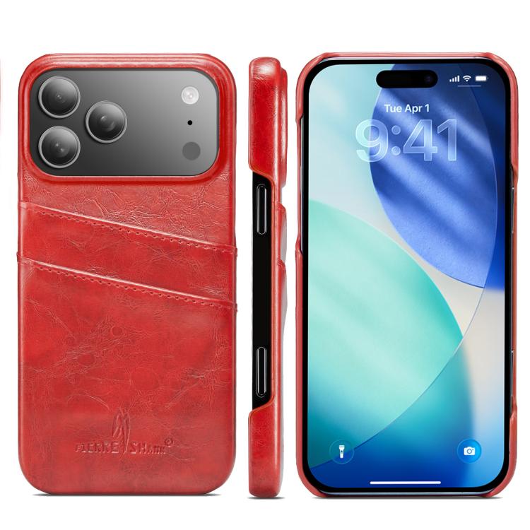 For iPhone 17 Pro Fierre Shann Retro Oil Wax Texture Card Slots PU Leather Phone Case(Red)