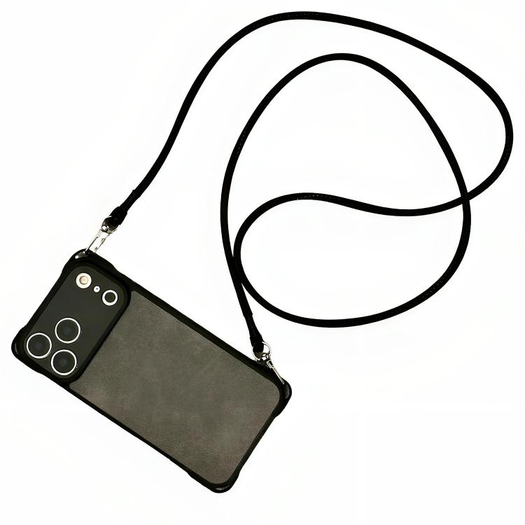 For iPhone 17 Pro Fine Hole Faux Leather Shockproof Phone Case with Crossbody PU Strap(Gray)