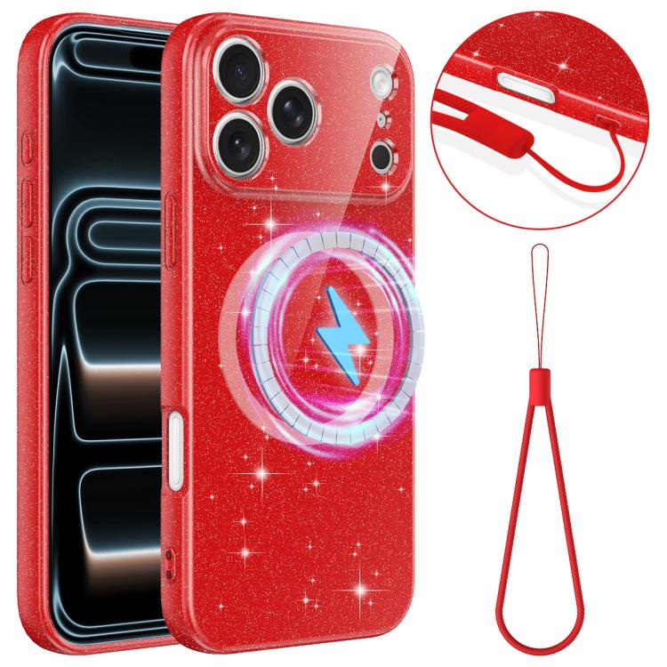 For iPhone 17 Pro Fine Hole Glossy Glitter Magnetic TPU Phone Case with Same Color Hand Strap(Red)