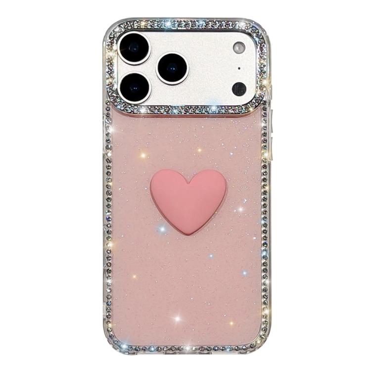For iPhone 17 Pro Flash Rhinestone Double-sided IMD Love Heart Phone Case(Glitter Pink)
