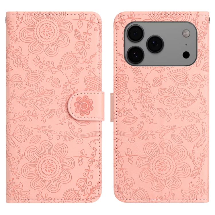 For iPhone 17 Pro Floral Embossed Pattern Leather Phone Case(Pink)