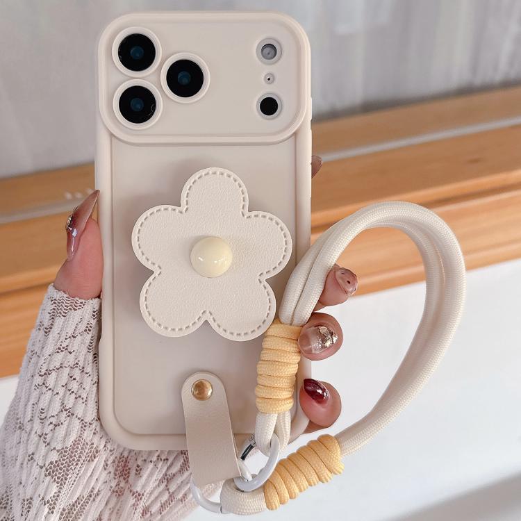For iPhone 17 Pro Floral Holder TPU Phone Case with PU Buckle Lanyard(Beige)