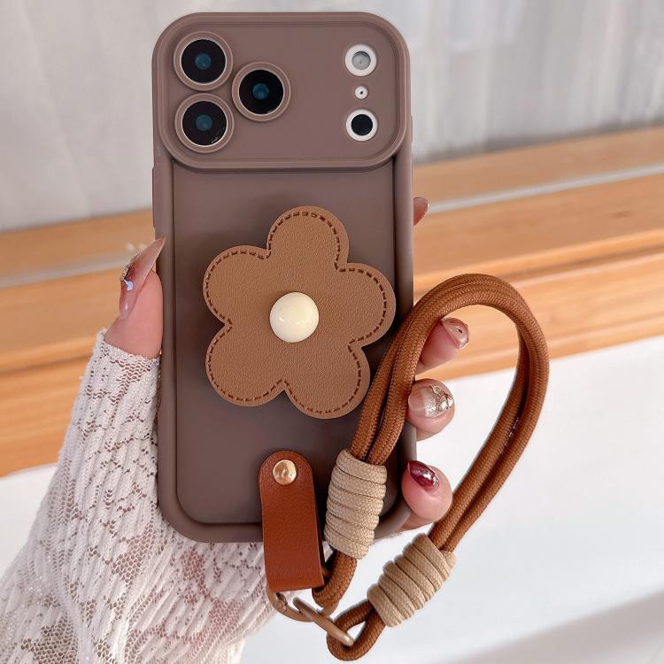 For iPhone 17 Pro Floral Holder TPU Phone Case with PU Buckle Lanyard(Coffee)