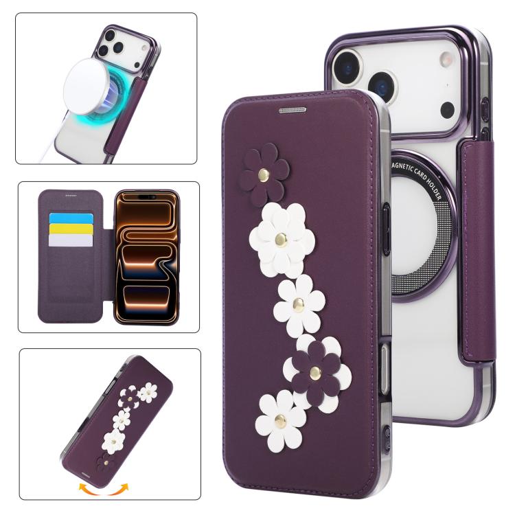 For iPhone 17 Pro Floral Magnetic Electroplated Card Holder Vegan Leather Phone Case(Purple)
