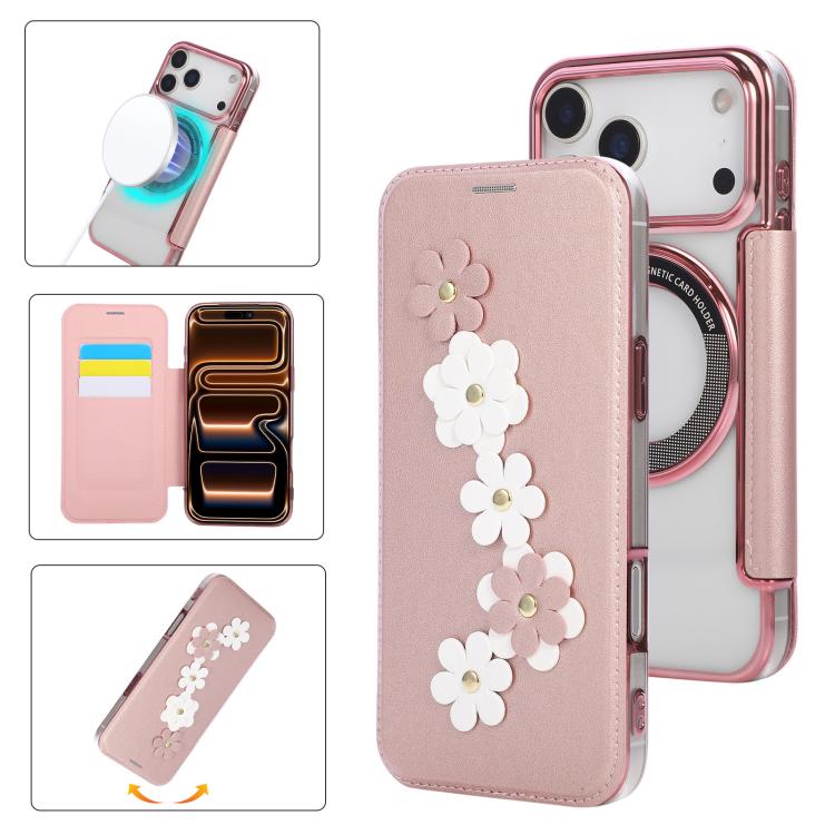 For iPhone 17 Pro Floral Magnetic Electroplated Card Holder Vegan Leather Phone Case(Rose Gold)